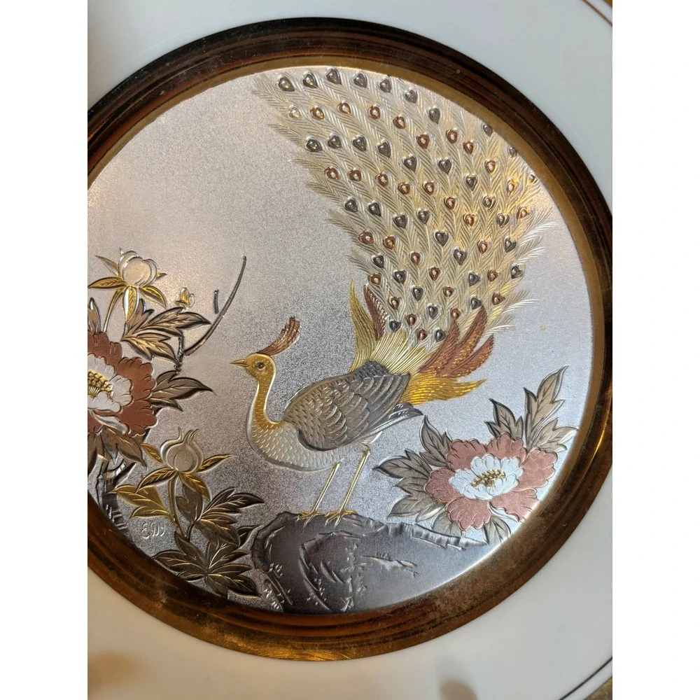 Vintage Chokin Art Plates Yoshinobu Hara Peacock Owls Gold Silver Gilt Set of 2